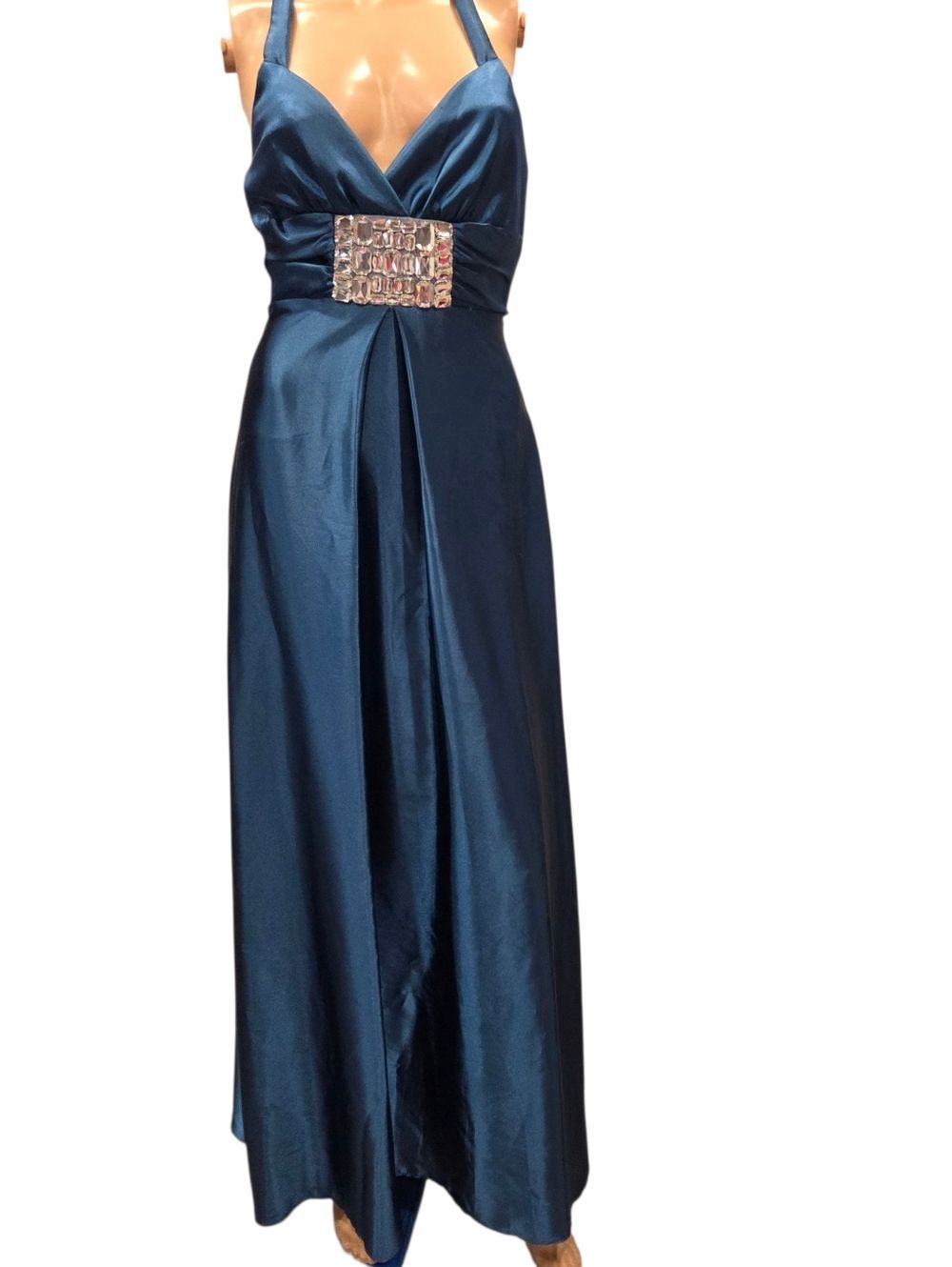 Vintage Y2K Jessica McClintock Teal Satin Gown Open Back Rhinestone Waist Prom 4